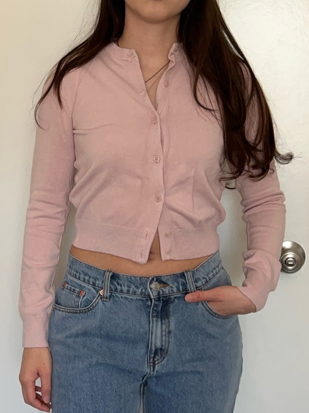 H&M Pale Pink Button-Front Cropped Cardigan